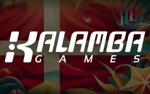 Kalamba Games logo over a Danish flag background