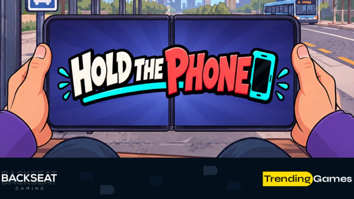Hold the Phone slot artwork from Backseat Gaming showing hands holding a folding phone