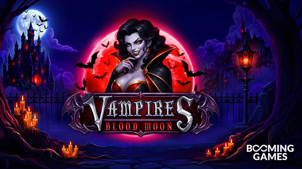 Vampires: Blood Moon slot artwork from Booming Games, showing a vampire in front of a red moon and a castle