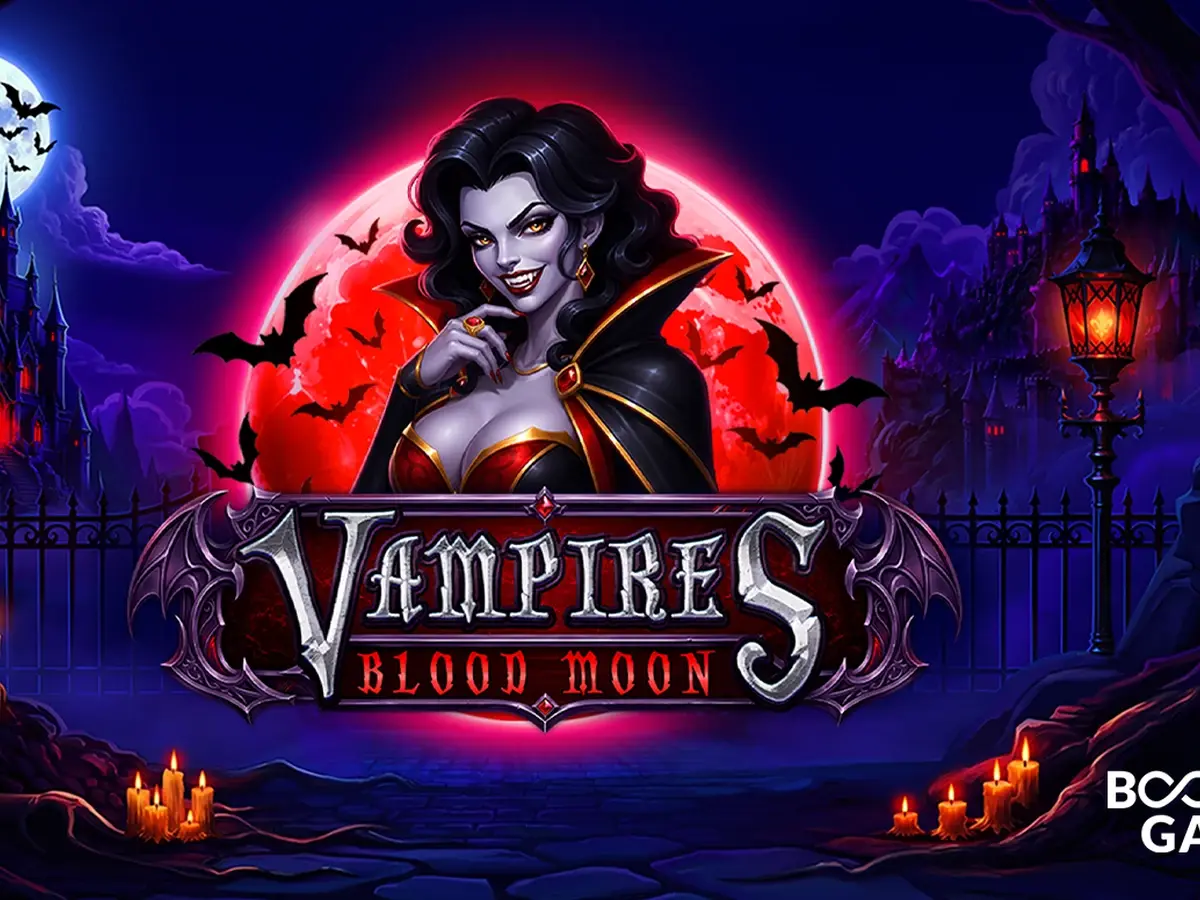 Vampires: Blood Moon slot artwork from Booming Games, showing a vampire in front of a red moon and a castle