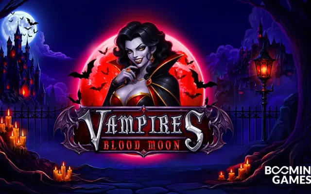 Vampires: Blood Moon slot artwork from Booming Games, showing a vampire in front of a red moon and a castle
