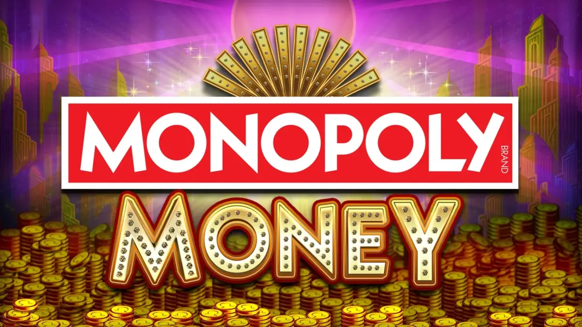 MONOPOLY Money logo above gold coins on a purple city skyline