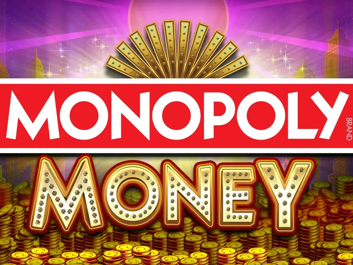 MONOPOLY Money logo above gold coins on a purple city skyline