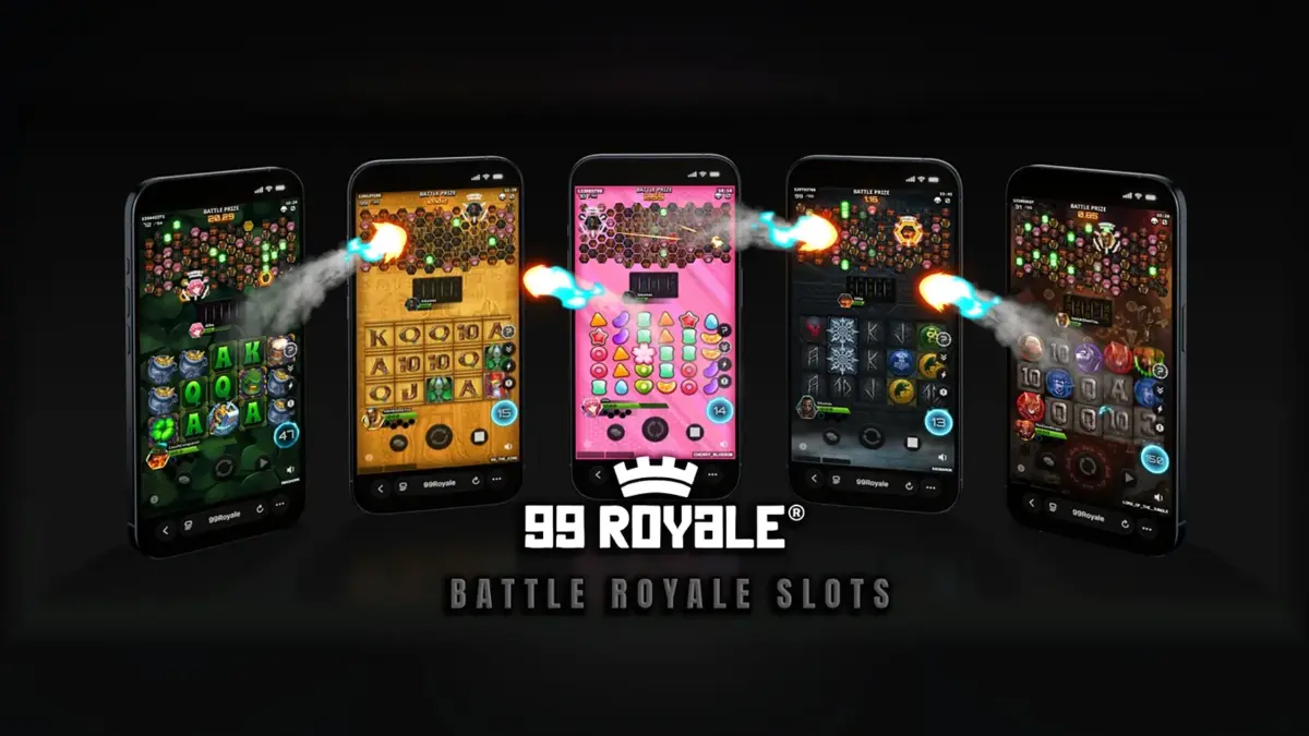 99 Royale multiplayer slot shown on five mobile phone screens