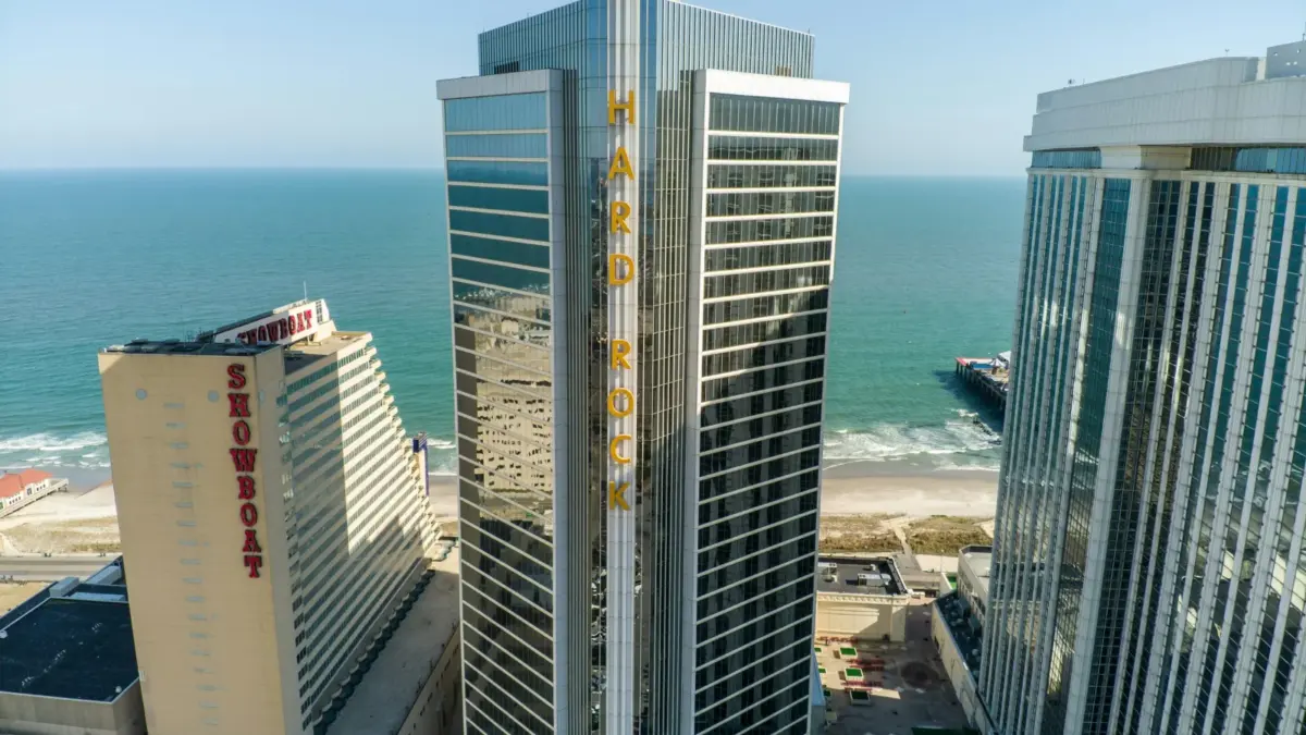Casino towers on the Atlantic City seafront, including Hard Rock and Showboat