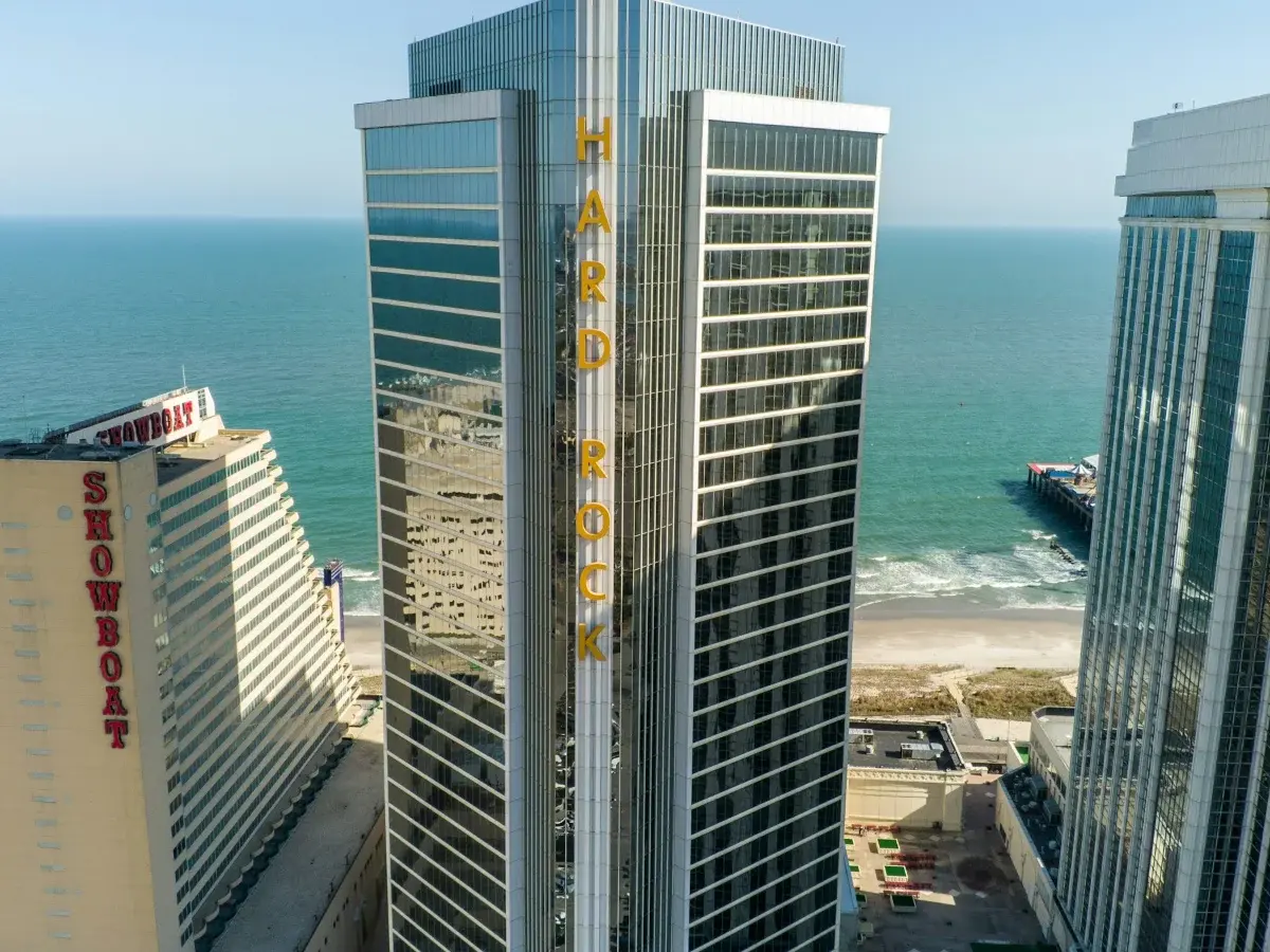 Casino towers on the Atlantic City seafront, including Hard Rock and Showboat