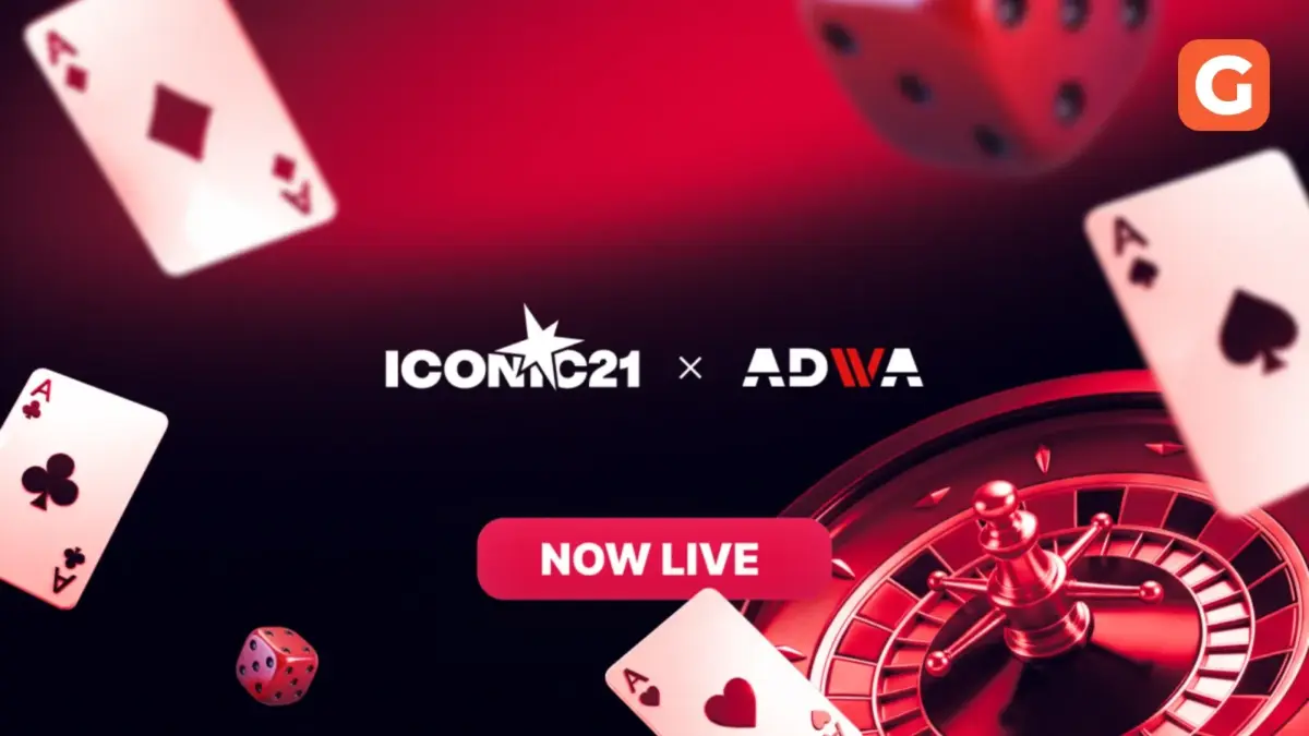 ICONIC21 and Adwa logos with playing cards, dice and a roulette wheel on a red background