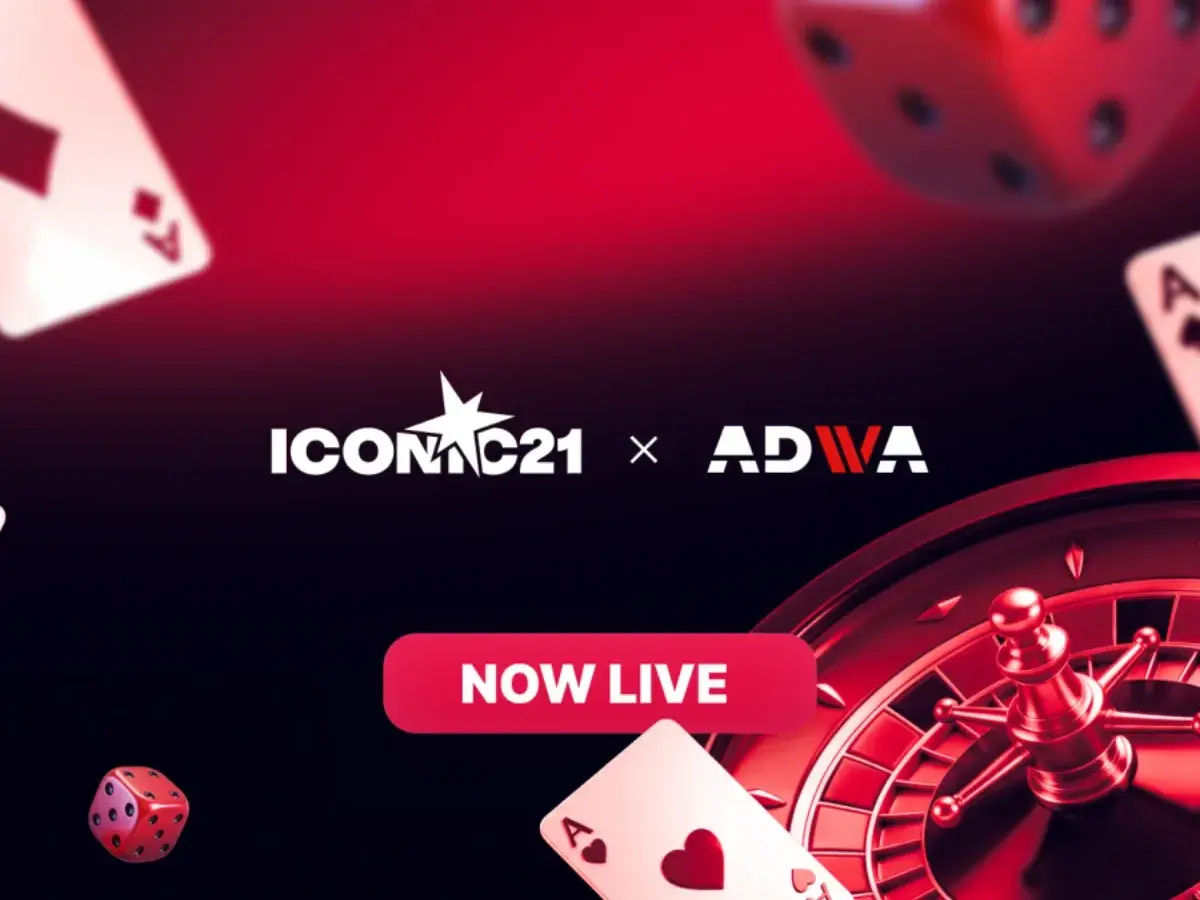 ICONIC21 and Adwa logos with playing cards, dice and a roulette wheel on a red background