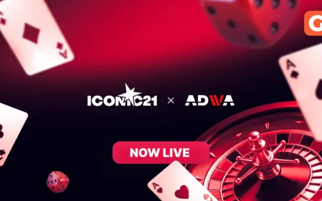 ICONIC21 and Adwa logos with playing cards, dice and a roulette wheel on a red background