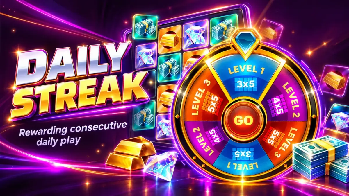 Daily Streak artwork with a level wheel showing 3x5, 4x5 and 5x5 game boards