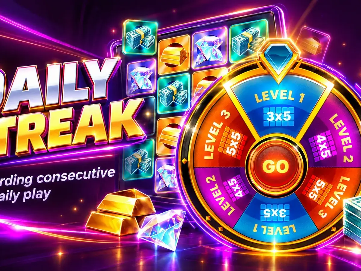 Daily Streak artwork with a level wheel showing 3x5, 4x5 and 5x5 game boards