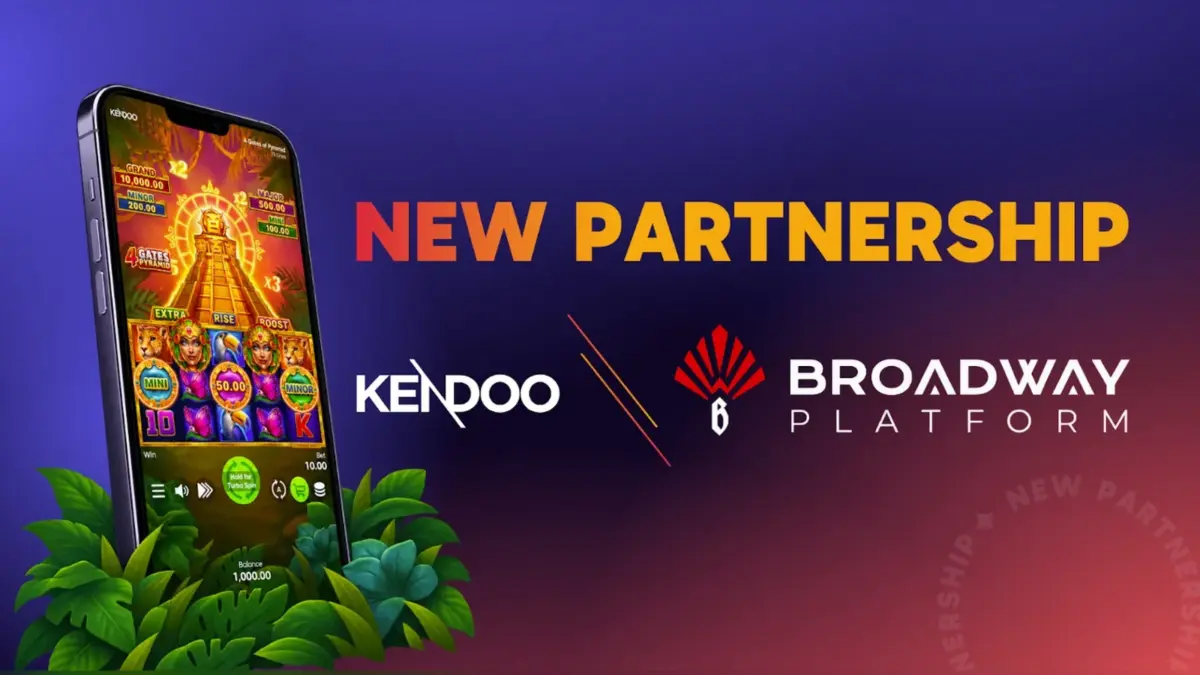 Kendoo and Broadway Platform partnership banner showing a slot game on a mobile phone