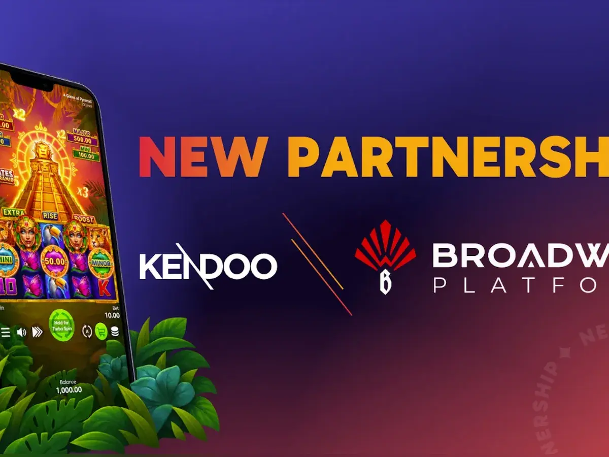 Kendoo and Broadway Platform partnership banner showing a slot game on a mobile phone