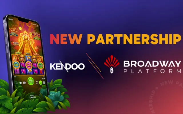 Kendoo and Broadway Platform partnership banner showing a slot game on a mobile phone