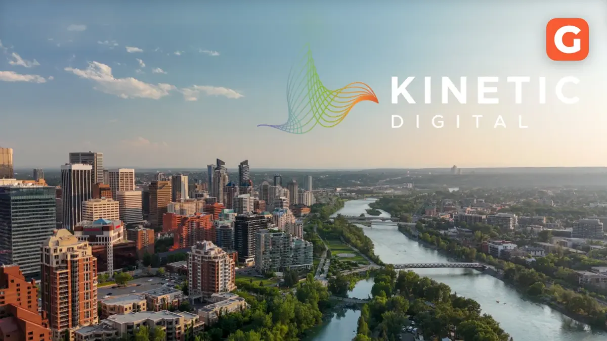 Kinetic Digital logo over the Calgary skyline and Bow River