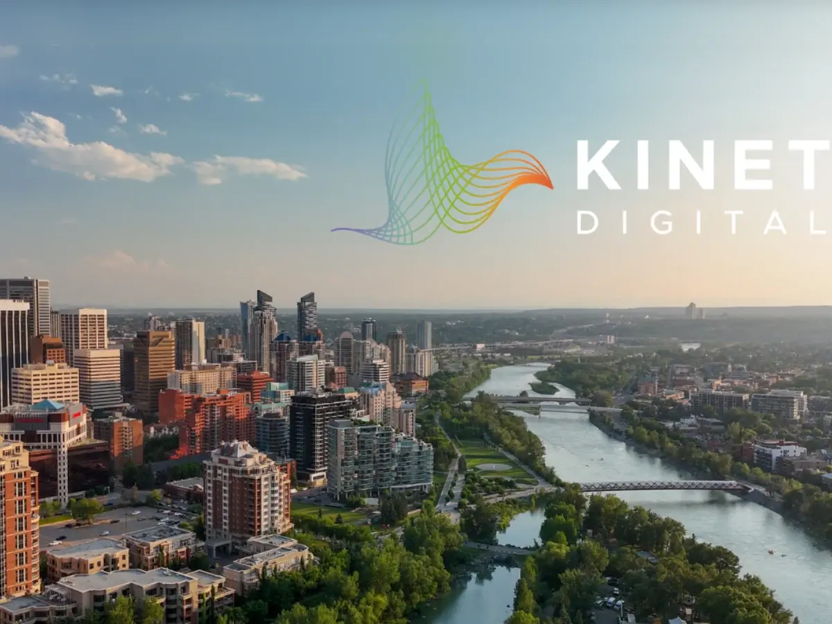 Kinetic Digital logo over the Calgary skyline and Bow River