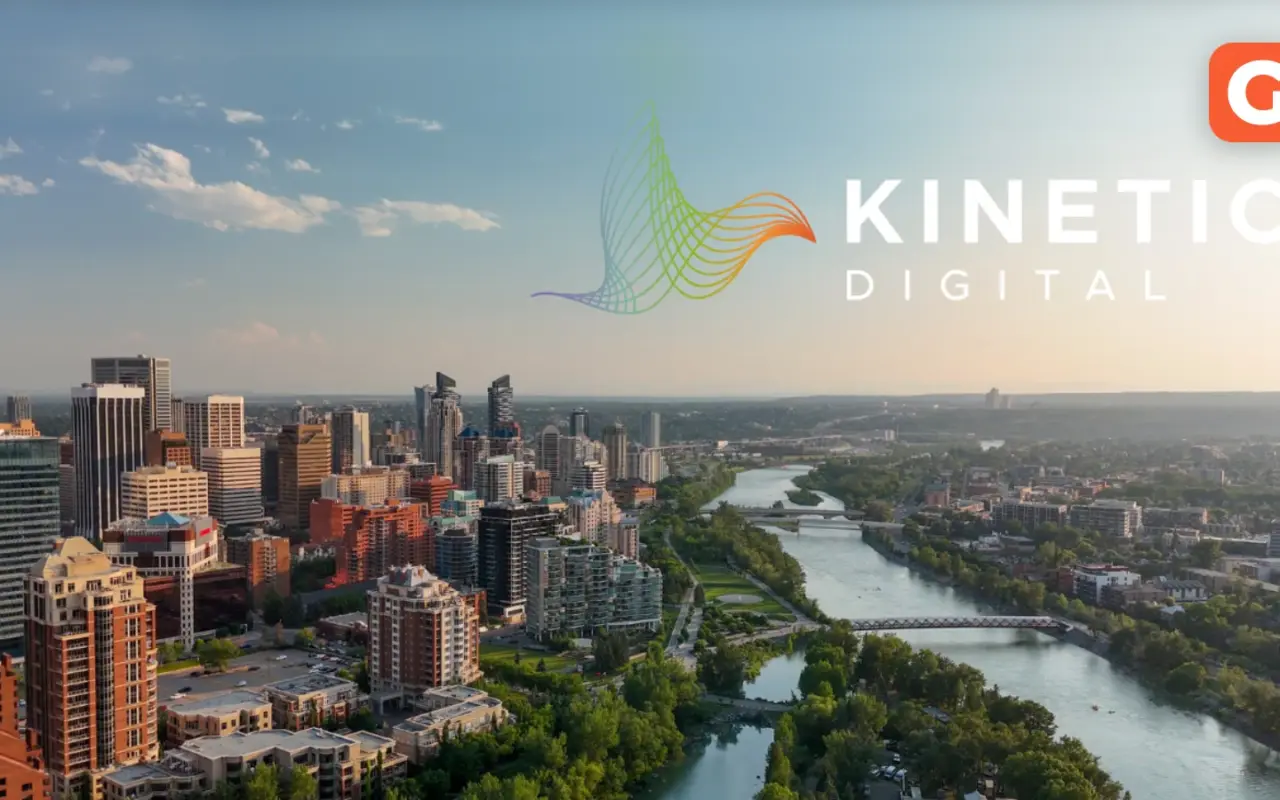 Kinetic Digital logo over the Calgary skyline and Bow River