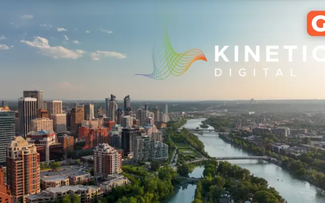 Kinetic Digital logo over the Calgary skyline and Bow River