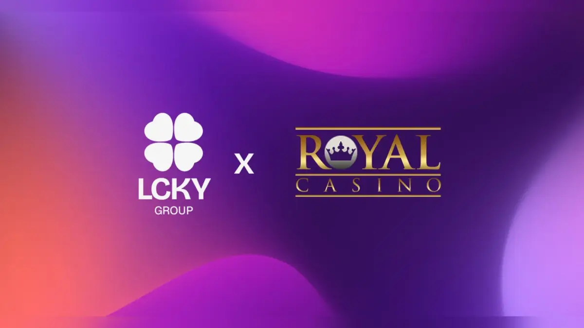LCKY Group and RoyalCasino logos on a purple background