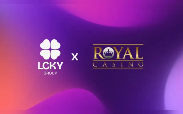 LCKY Group and RoyalCasino logos on a purple background
