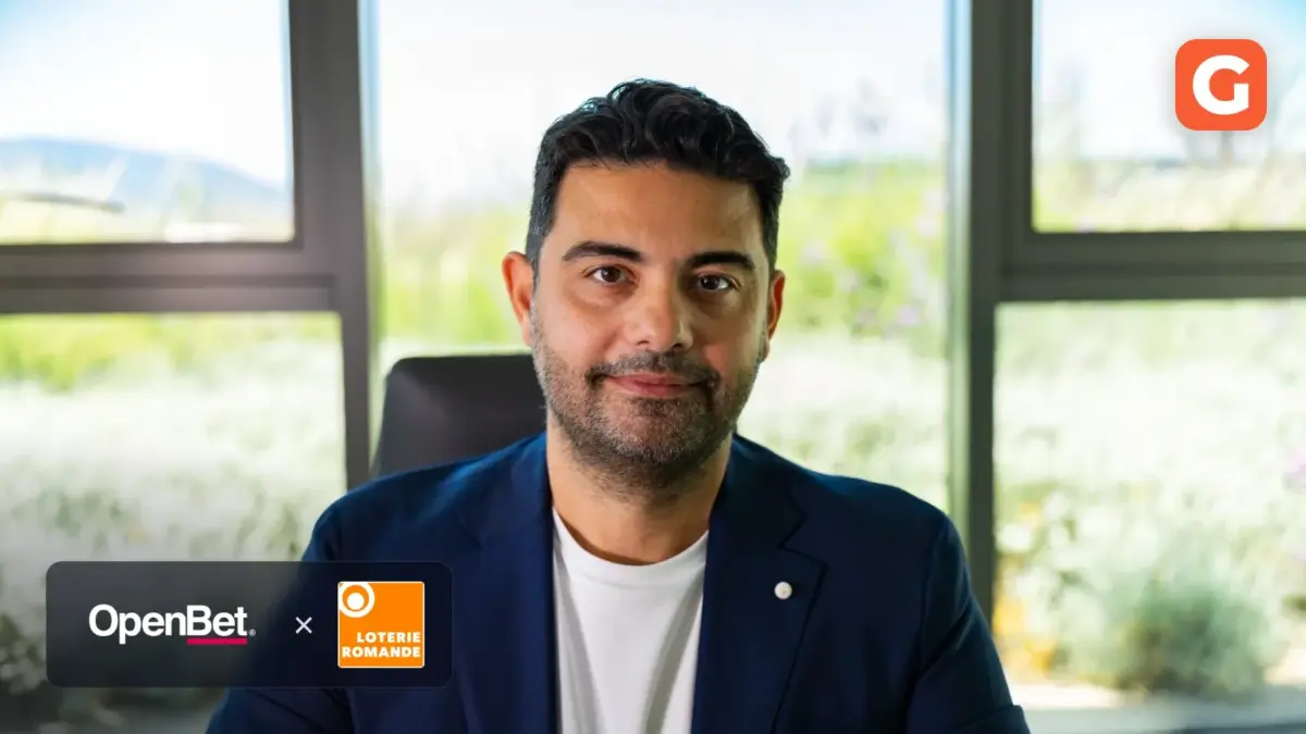 Nikos Konstakis, President at OpenBet, with OpenBet and Loterie Romande logos