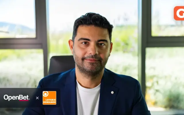 Nikos Konstakis, President at OpenBet, with OpenBet and Loterie Romande logos