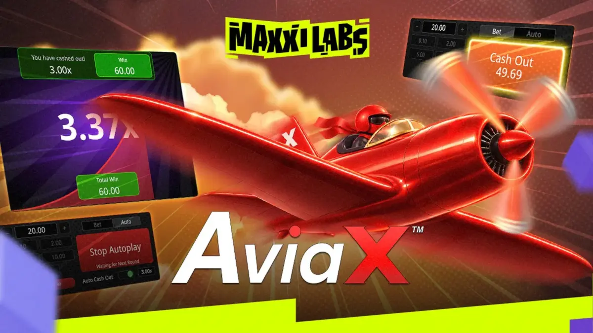 AviaX crash game artwork showing a red propeller plane, cash-out panels and the Maxxi Labs logo