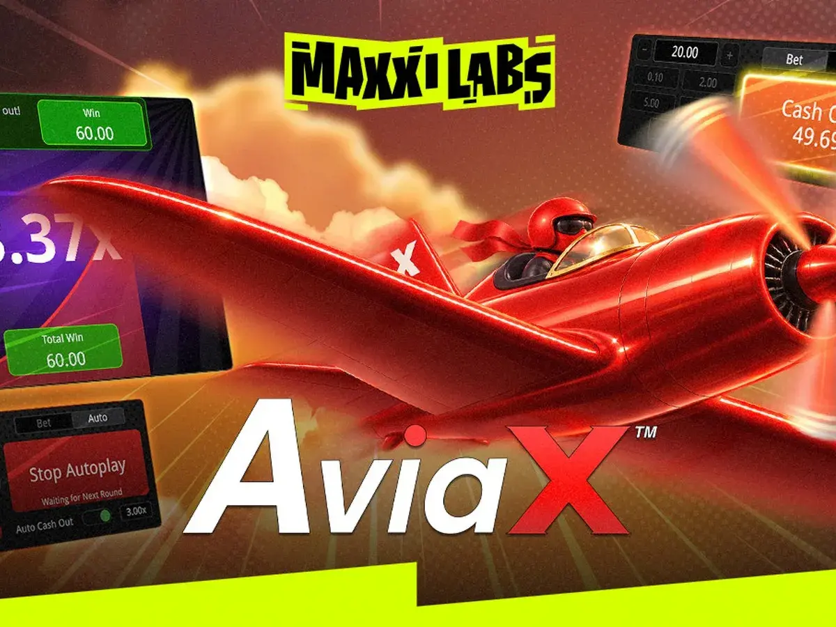 AviaX crash game artwork showing a red propeller plane, cash-out panels and the Maxxi Labs logo