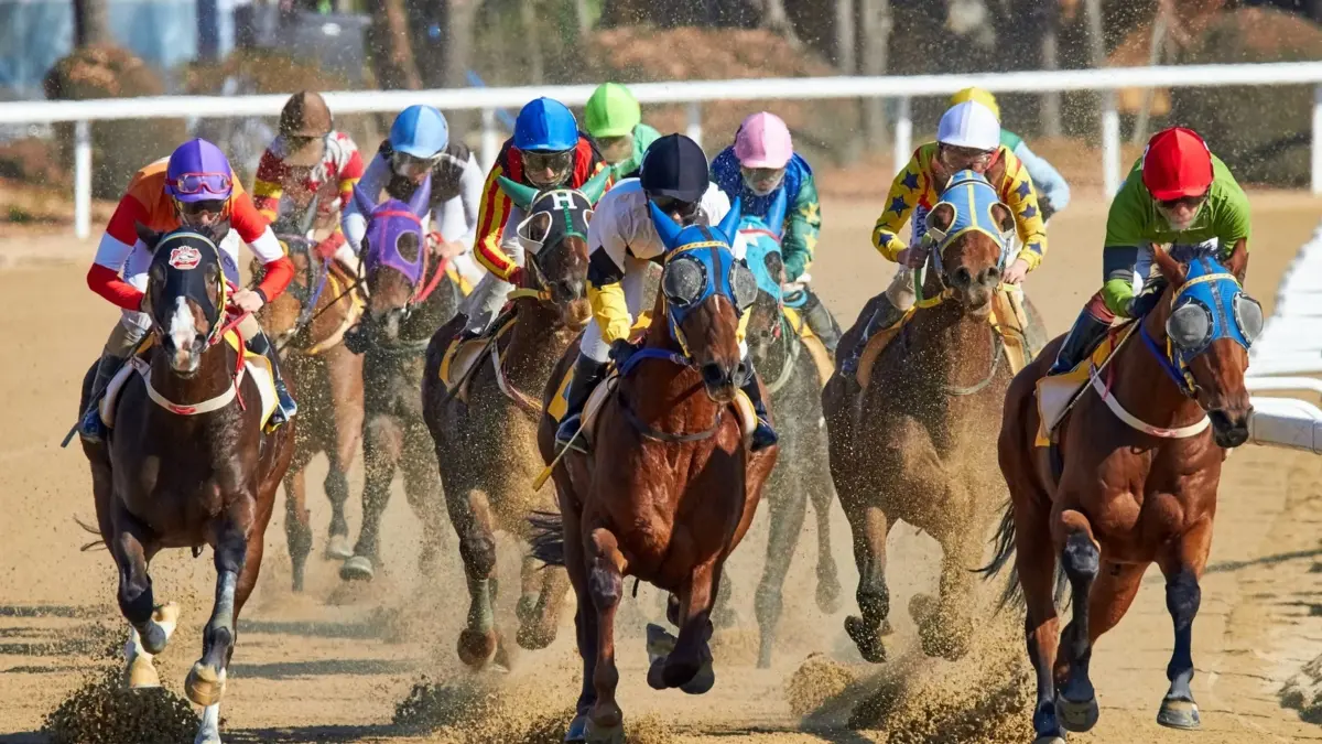 Jockeys and horses racing on a dirt track