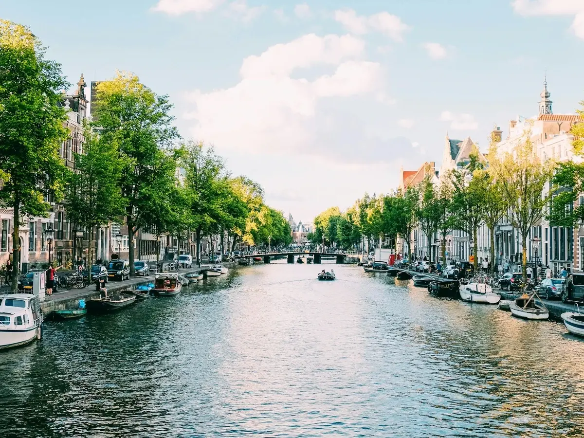 Boats moored along a tree-lined canal in Amsterdam