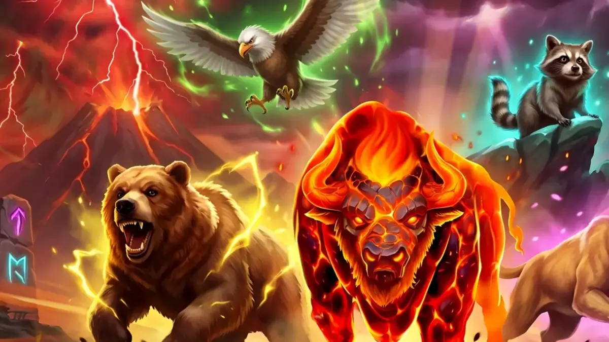 Beasts of Fire Inferno artwork from Play'n GO showing the Fire Beast buffalo with a bear, eagle, raccoon and mountain lion