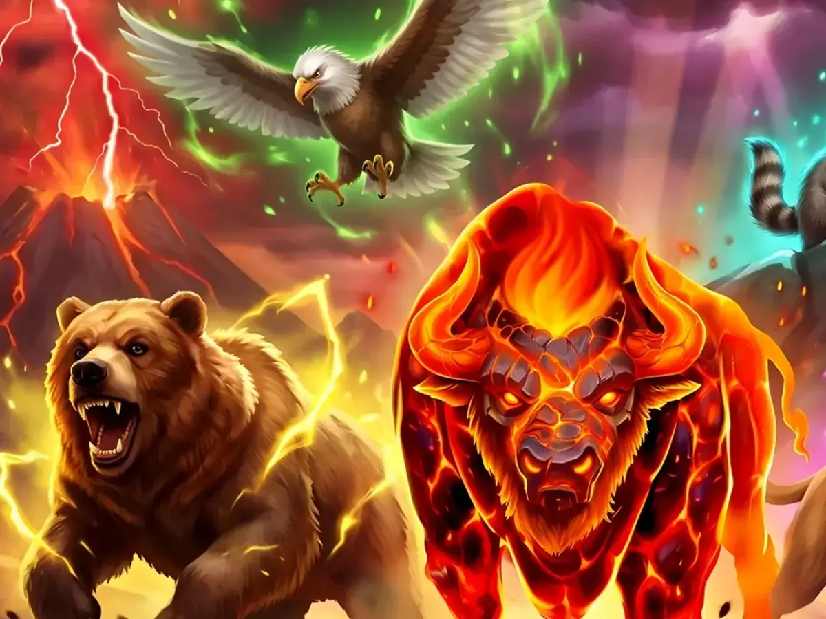Beasts of Fire Inferno artwork from Play'n GO showing the Fire Beast buffalo with a bear, eagle, raccoon and mountain lion