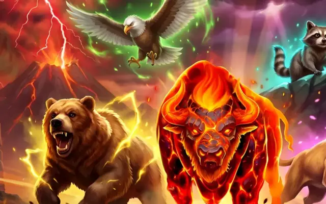 Beasts of Fire Inferno artwork from Play'n GO showing the Fire Beast buffalo with a bear, eagle, raccoon and mountain lion