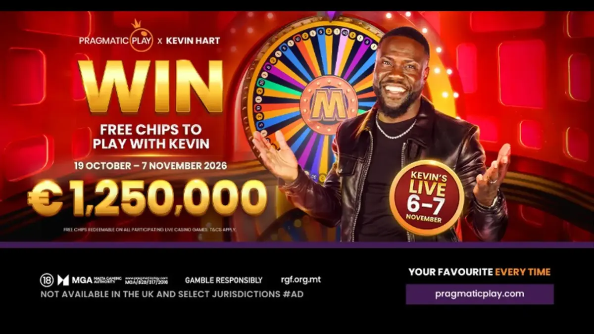 Kevin Hart beside a Mega Wheel with a Free Chips campaign banner