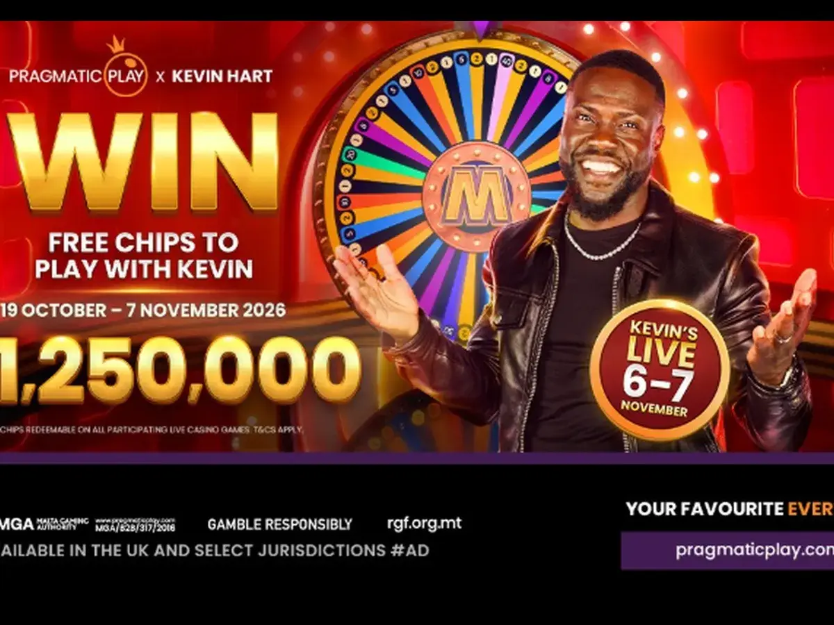 Kevin Hart beside a Mega Wheel with a Free Chips campaign banner