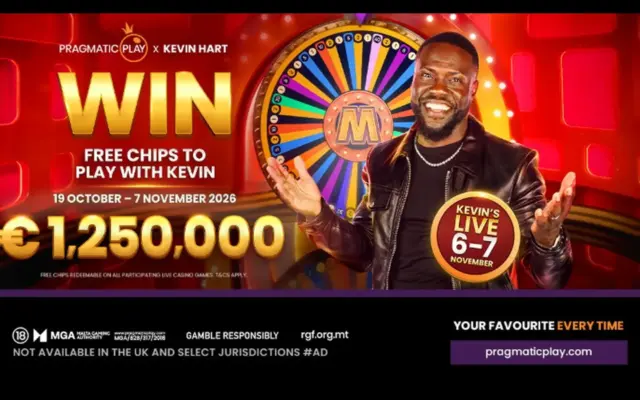 Kevin Hart beside a Mega Wheel with a Free Chips campaign banner