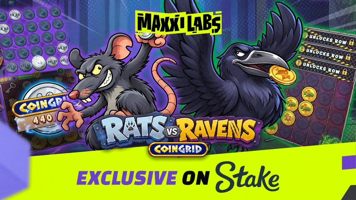 Rats vs Ravens Coin Grid artwork with a rat and a raven, the Maxxi Labs logo and the words Exclusive on Stake