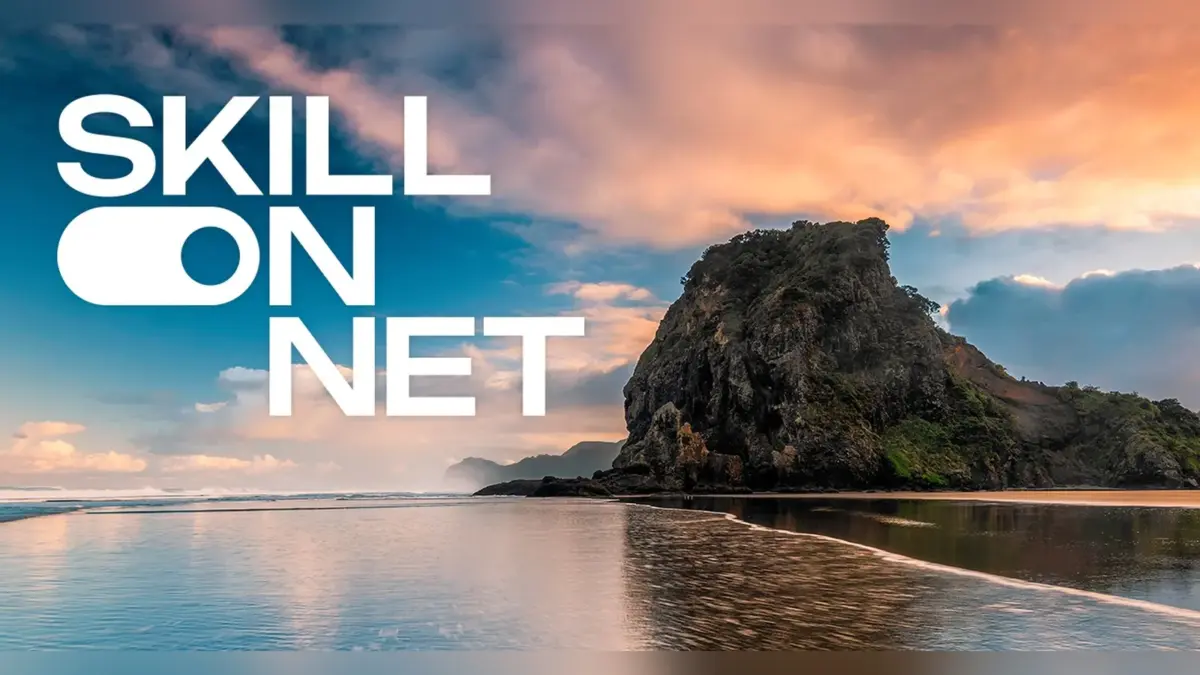 SkillOnNet logo over a coastal landscape at sunset
