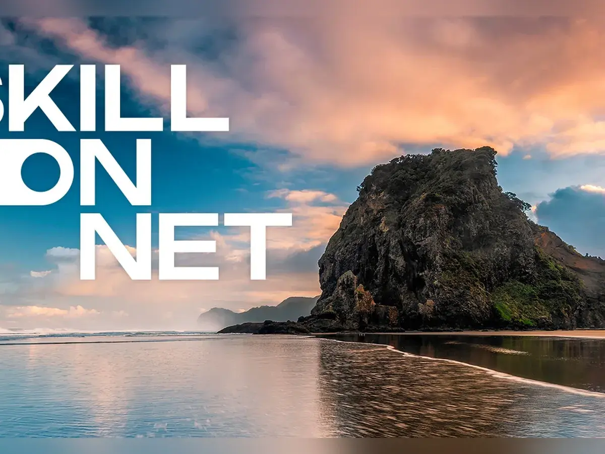 SkillOnNet logo over a coastal landscape at sunset