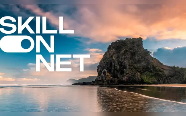 SkillOnNet logo over a coastal landscape at sunset