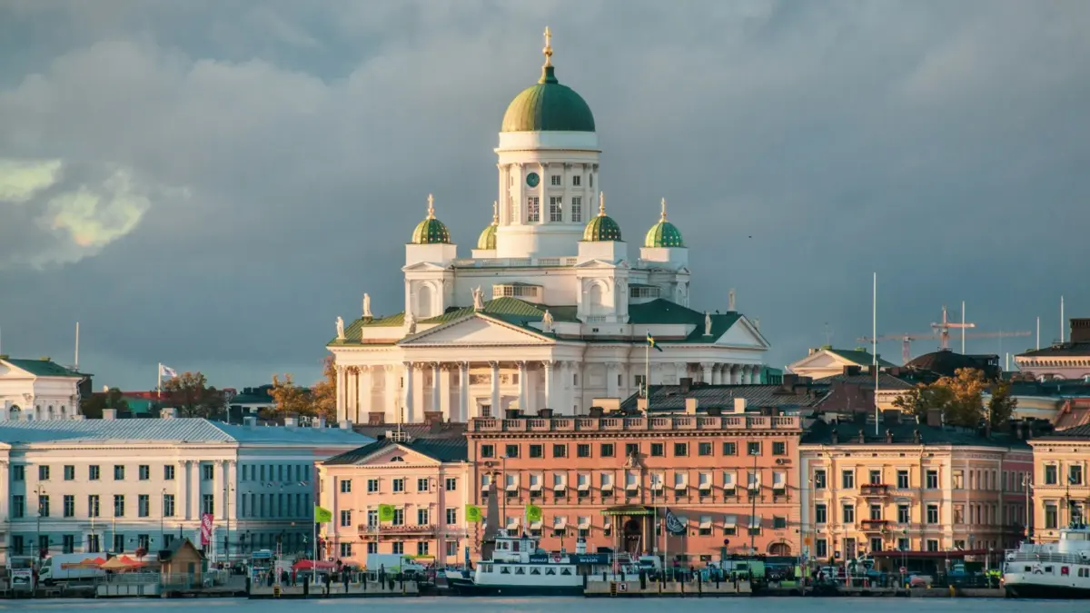 Helsinki Cathedral above the waterfront buildings of Helsinki