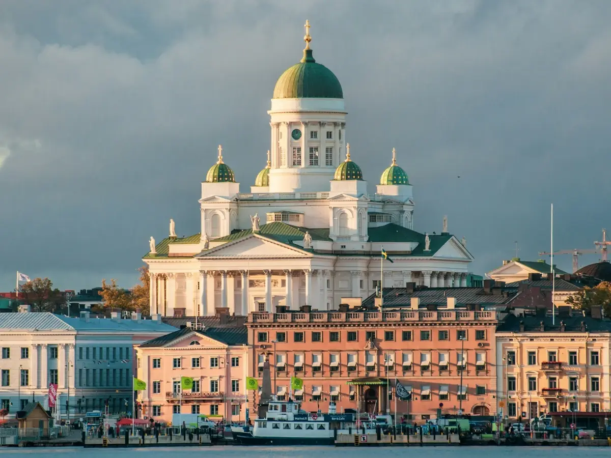 Helsinki Cathedral above the waterfront buildings of Helsinki