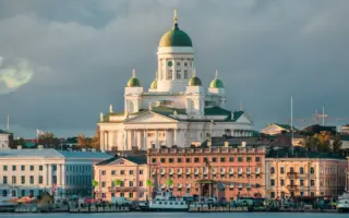 Helsinki Cathedral above the waterfront buildings of Helsinki