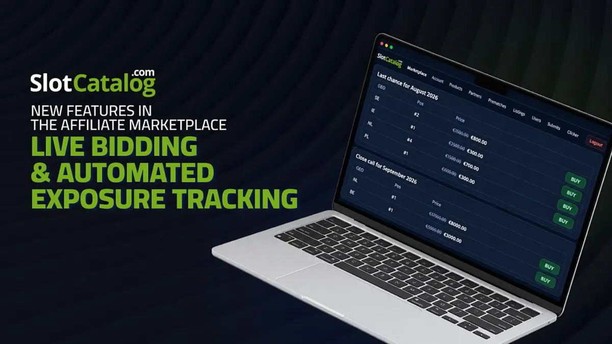 SlotCatalog Affiliate Marketplace graphic showing live bidding and exposure tracking