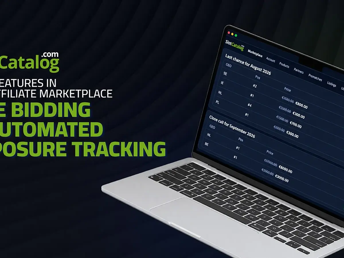 SlotCatalog Affiliate Marketplace graphic showing live bidding and exposure tracking