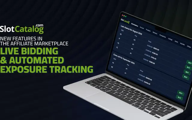 SlotCatalog Affiliate Marketplace graphic showing live bidding and exposure tracking