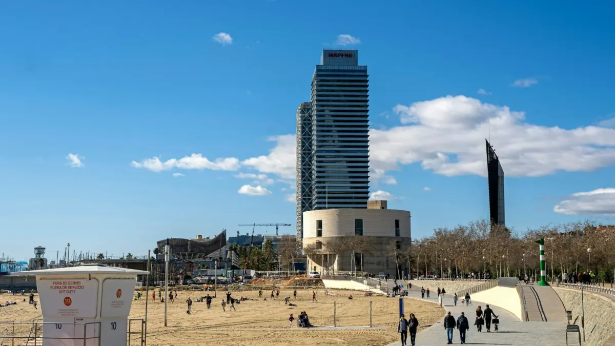 Barcelona's Port Olímpic seafront with the Hotel Arts tower