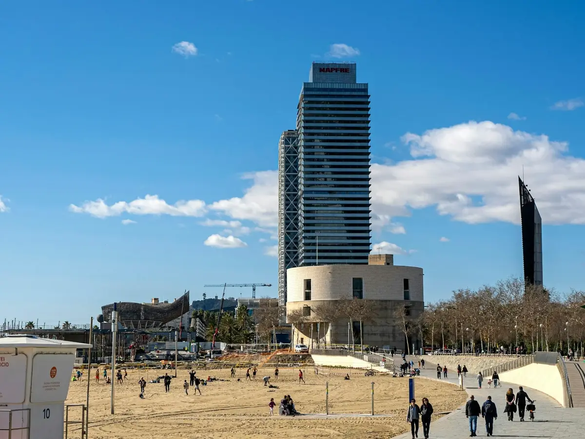 Barcelona's Port Olímpic seafront with the Hotel Arts tower