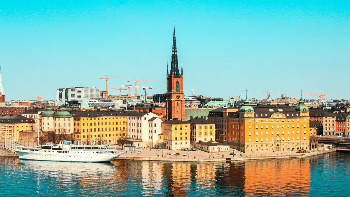 Stockholm waterfront and Riddarholmen church in daylight