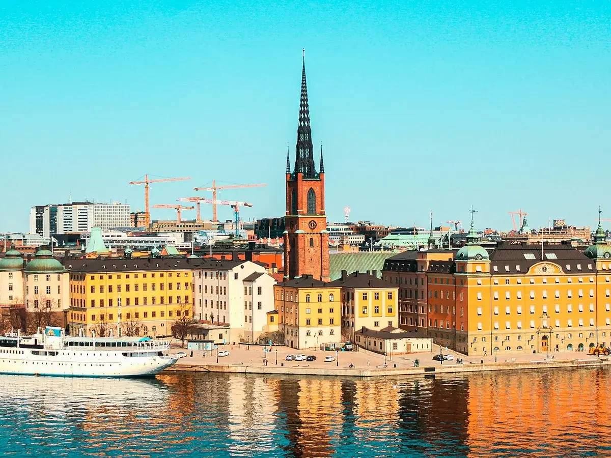 Stockholm waterfront and Riddarholmen church in daylight